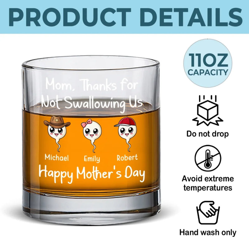 Personalized Whiskey Glass – Mother's Day Gifts, Funny Gifts For Mom – Thanks For The Save, Mom