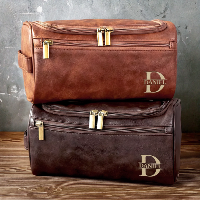 Personalized Leather Toiletry Bag – Custom Travel Wash Bag Gift for Dad, Husband, Brother or Grandpa