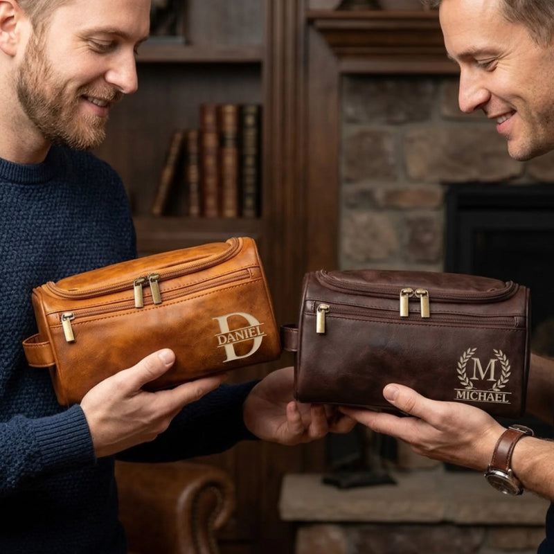 Personalized Leather Toiletry Bag – Custom Travel Wash Bag Gift for Dad, Husband, Brother or Grandpa
