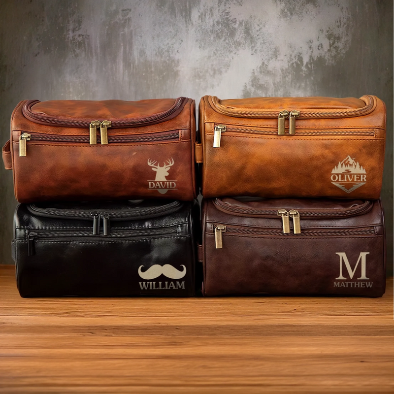 Personalized Leather Toiletry Bag – Custom Travel Wash Bag Gift for Dad, Husband, Brother or Grandpa