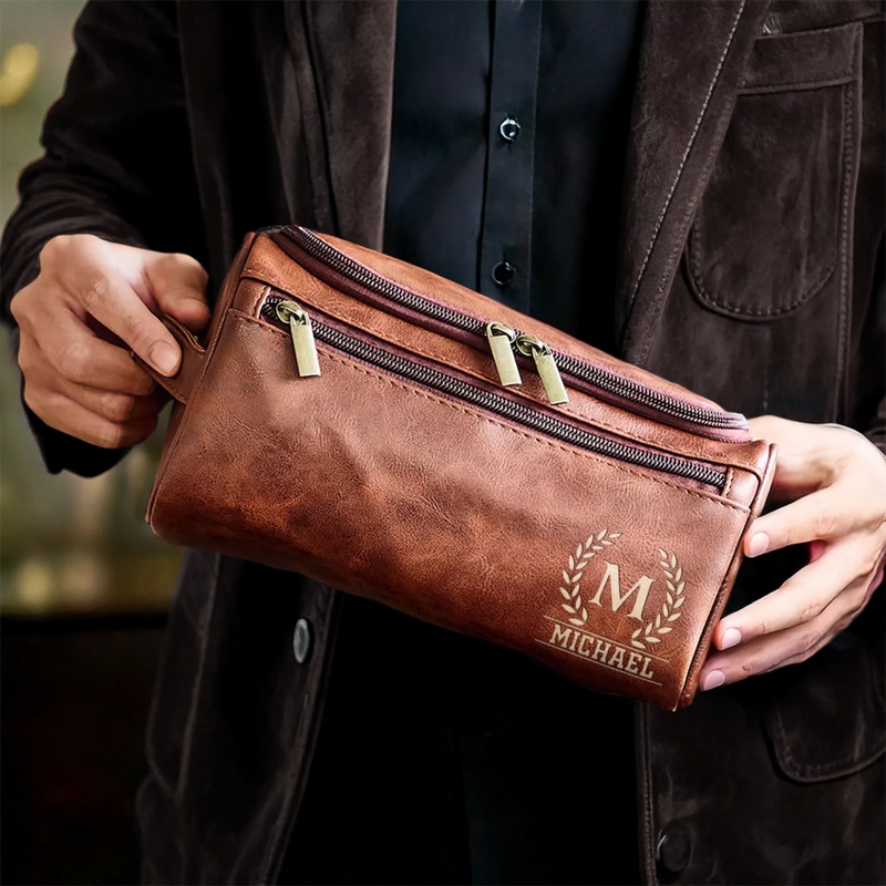 Personalized Leather Toiletry Bag – Custom Travel Wash Bag Gift for Dad, Husband, Brother or Grandpa - Built For Every Path