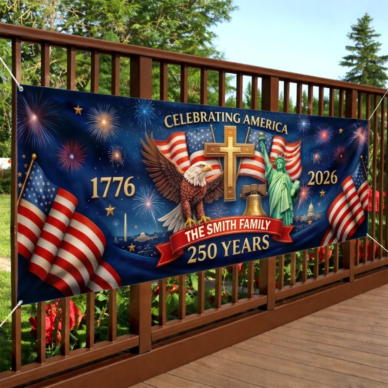 Personalized America 250th Anniversary Polyester Outdoor Banner – Gifts For Family – Proud Hearts Shine Bright