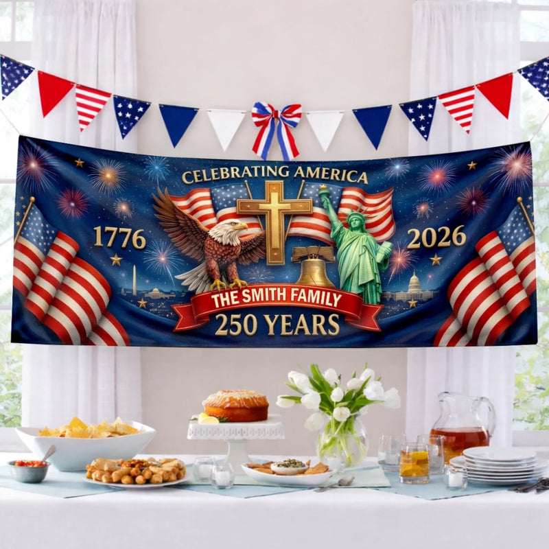 Personalized America 250th Anniversary Polyester Outdoor Banner – Gifts For Family – Proud Hearts Shine Bright