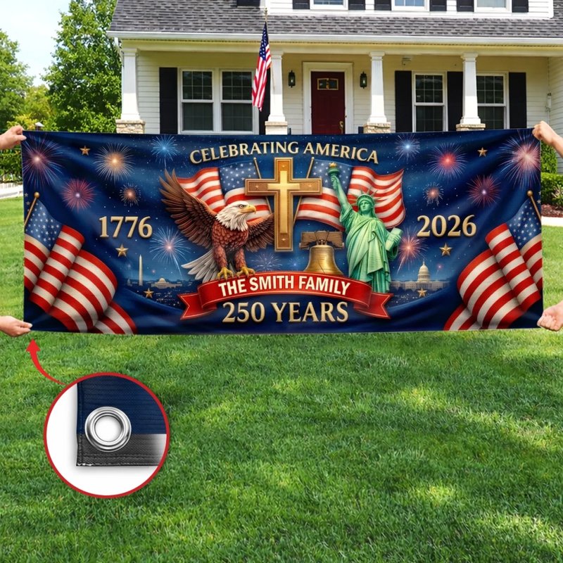 Personalized America 250th Anniversary Polyester Outdoor Banner – Gifts For Family – Proud Hearts Shine Bright