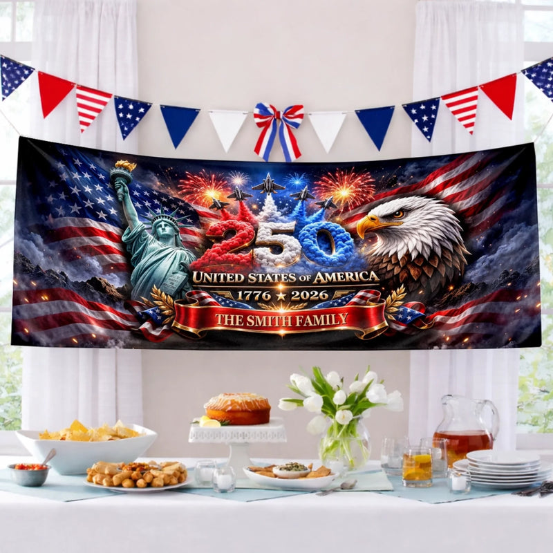 Personalized America 250th Anniversary Polyester Outdoor Banner – Gifts For Family – Strong As One