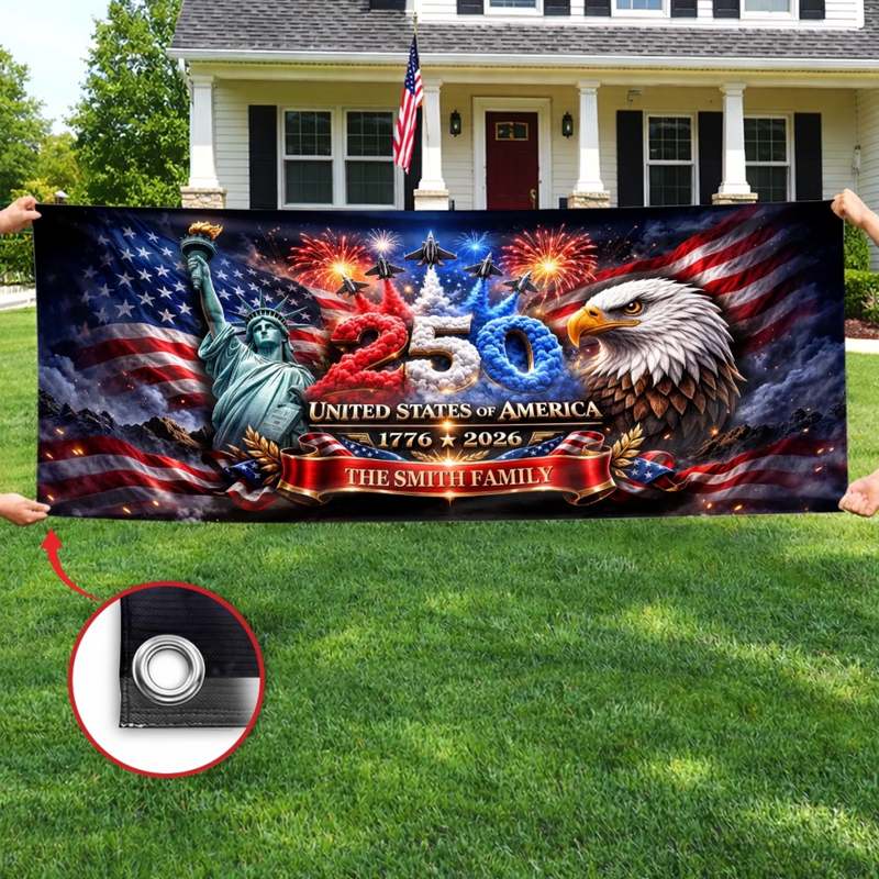 Personalized America 250th Anniversary Polyester Outdoor Banner – Gifts For Family – Strong As One