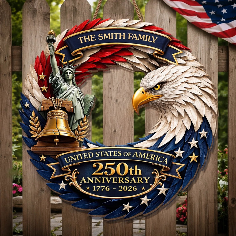Personalized America 250th Anniversary Wood Sign – Gifts For Family – Bald Eagle Patriotic