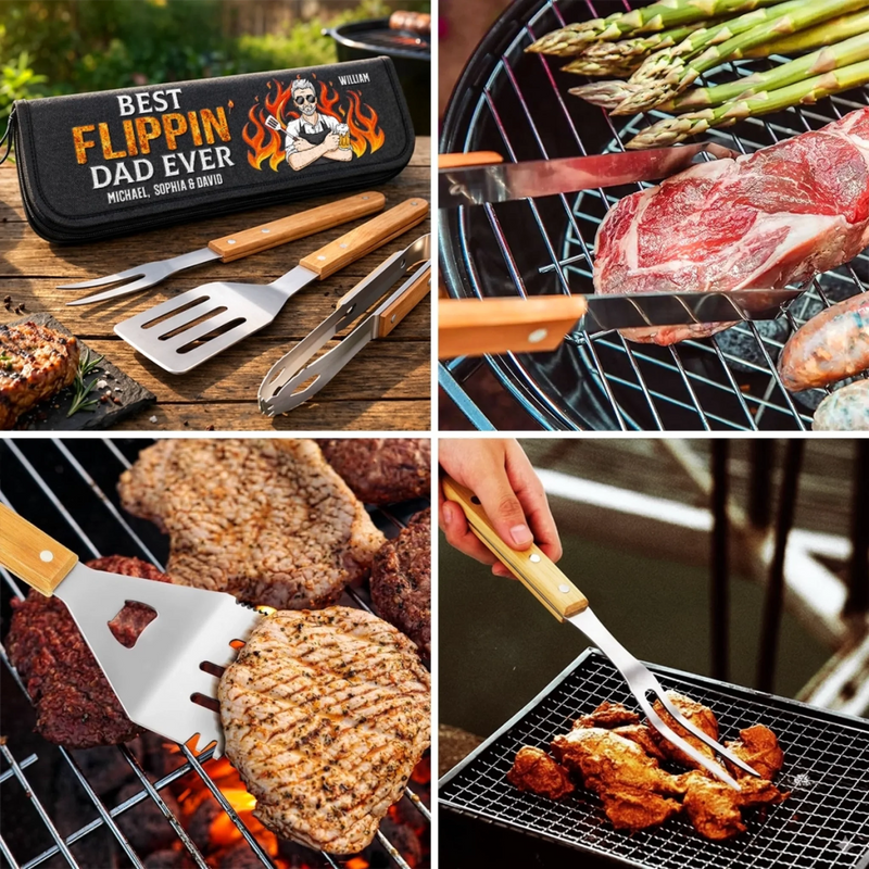 Personalized BBQ Tool Set With Storage Bag  – Father's Day Gifts For Dad, Grandpa – Dad’s Kitchen, Best In Town