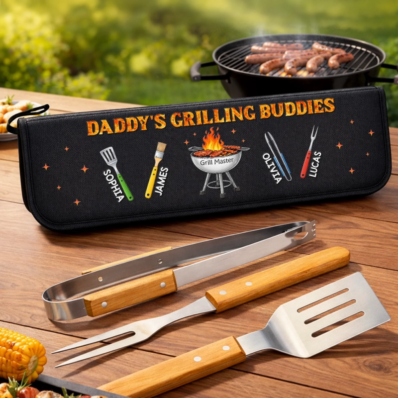 Personalized BBQ Tool Set With Storage Bag  – Father's Day Gifts For Dad, Grandpa – Daddy's Grilling Buddy