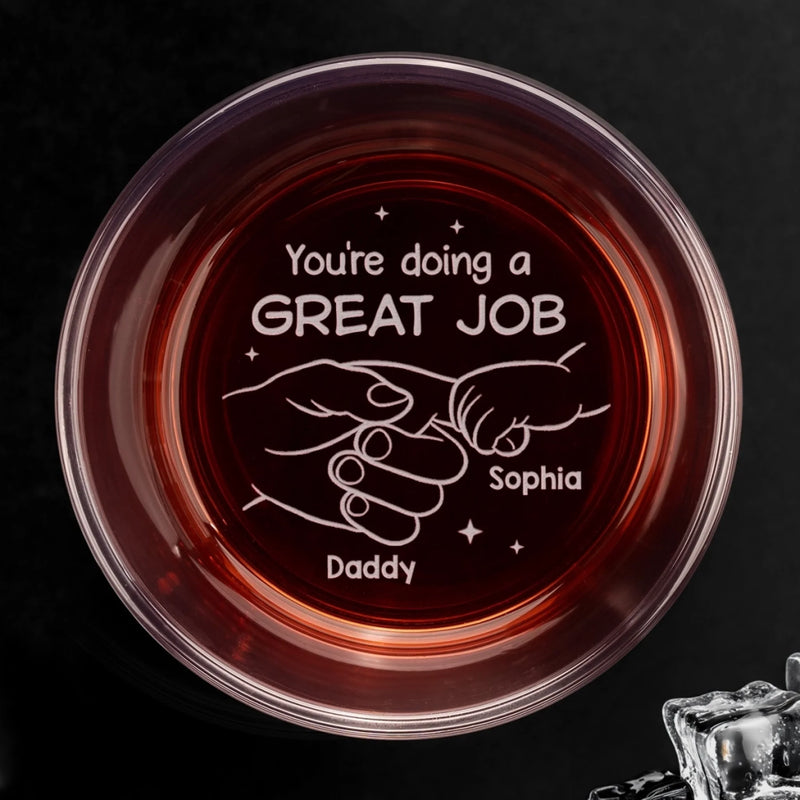 Personalized Whiskey Glass With Bottom And Side Engraving – Father's Day Gifts For New Dad, Grandpa – Dad Is Doing Great