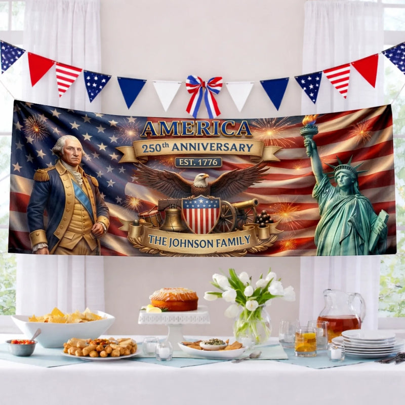 Personalized America 250th Anniversary – Polyester Outdoor Banner – Gifts For Family – Stars Shine Brighter At 250