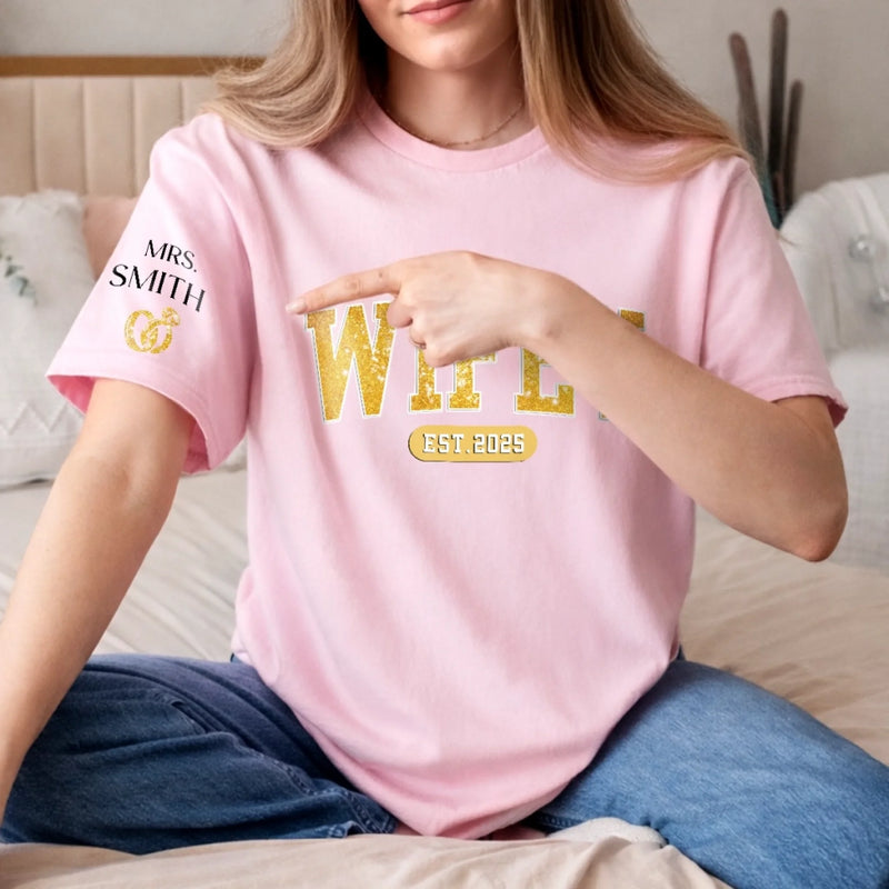 Personalized Unisex T-Shirt With Design On Sleeve  – Gifts For Couple – Officially In My Wife Era