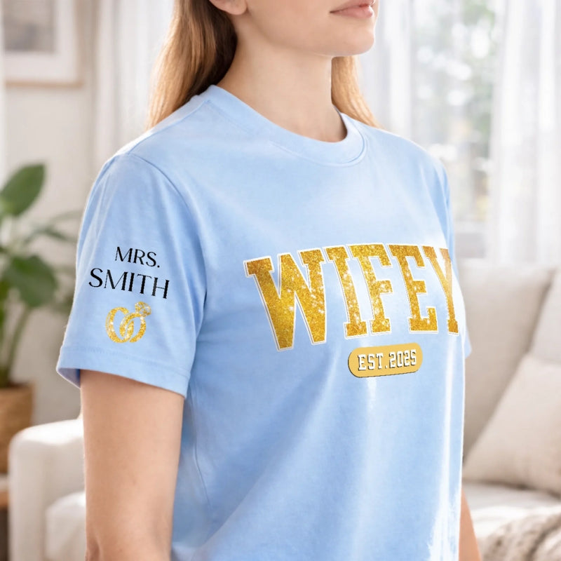 Personalized Unisex T-Shirt With Design On Sleeve  – Gifts For Couple – Officially In My Wife Era