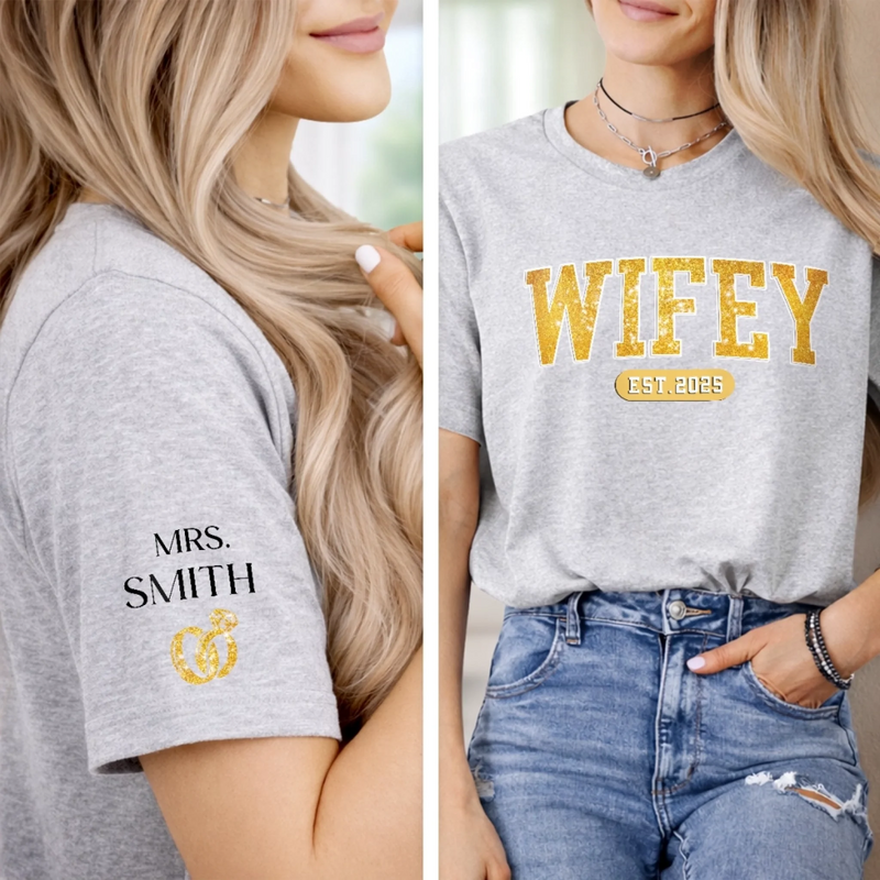 Personalized Unisex T-Shirt With Design On Sleeve  – Gifts For Couple – Officially In My Wife Era