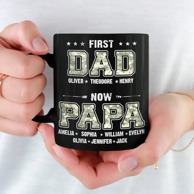 Personalized Black Mug – Birthday Gifts For Grandpa, Dad – First Dad, Now Papa