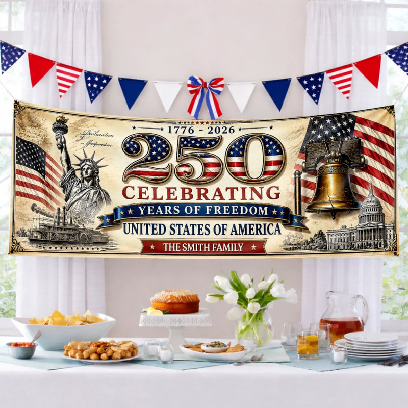 Personalized America 250th Anniversary – Polyester Outdoor Banner – Gifts For Family – United Through Every Generation