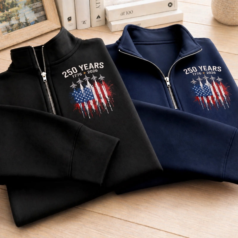 Personalized America 250th Anniversary – Unisex Quarter Zip Sweatshirt – Gifts For Grandpa, Dad – Vintage Patriot Spirit