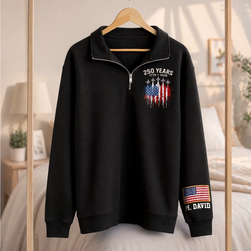 Personalized America 250th Anniversary – Unisex Quarter Zip Sweatshirt – Gifts For Grandpa, Dad – Vintage Patriot Spirit