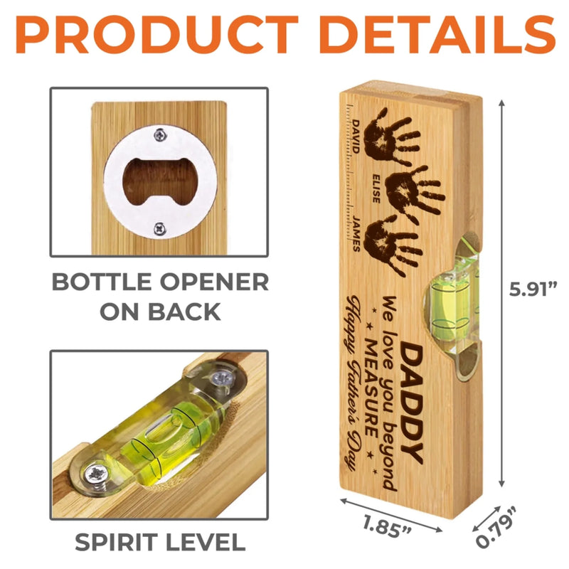 Personalized Wooden Bottle Opener With Built-in Spirit Level – Father's Day Gifts For Grandpa, Dad – Dad’s Love Leads The Way