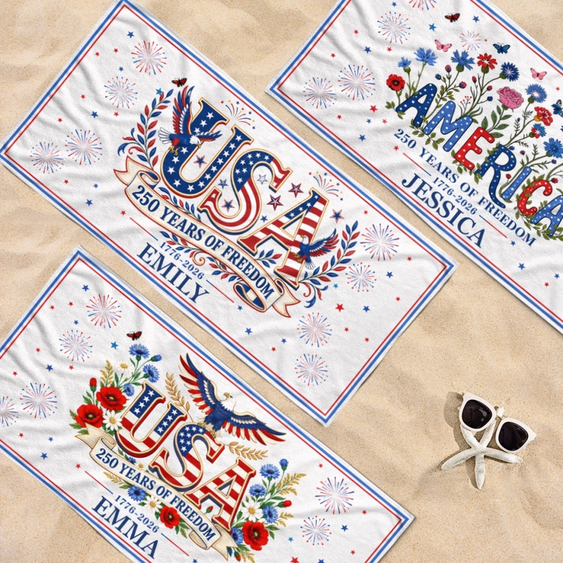 Personalized America 250th Anniversary – Beach Towel – Travel Gifts For Family Members – Stars, Stripes And Tan Lines