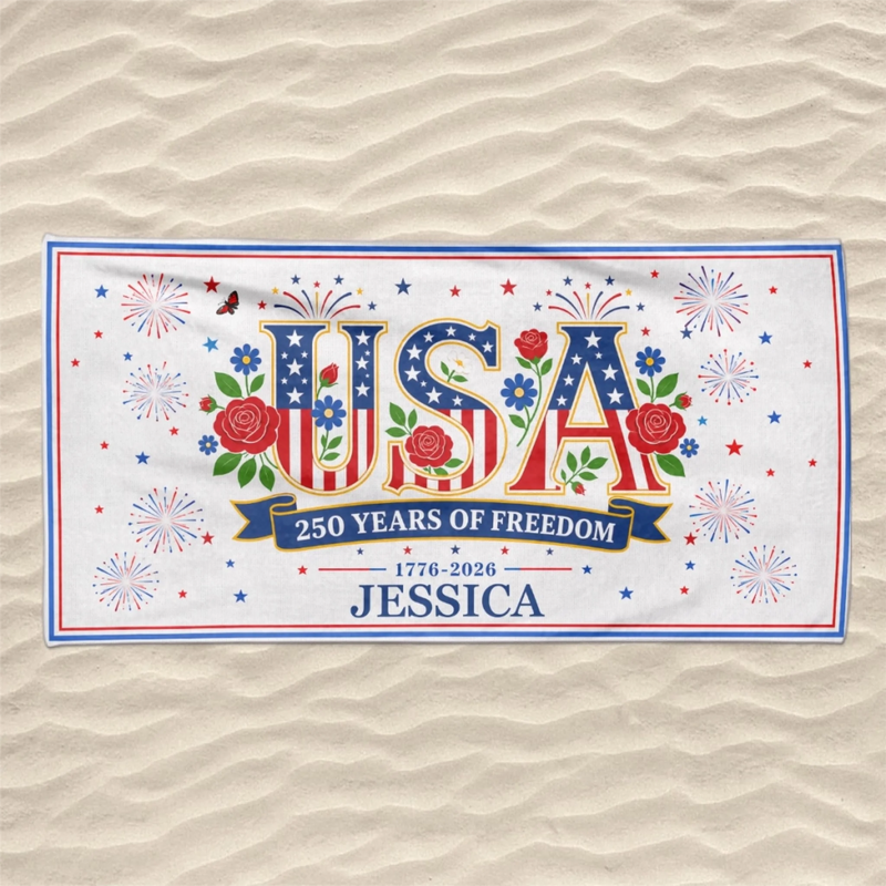 Personalized America 250th Anniversary – Beach Towel – Travel Gifts For Family Members – Stars, Stripes And Tan Lines