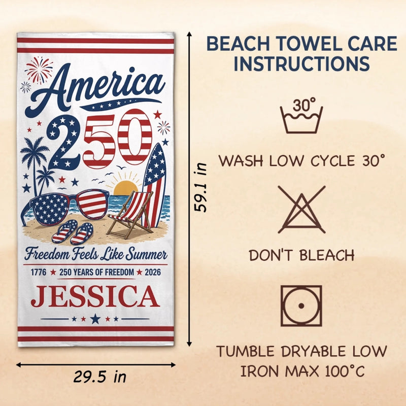 Personalized America 250th Anniversary – Beach Towel – Travel Gifts For Family Members – Born Free, Beach Bound