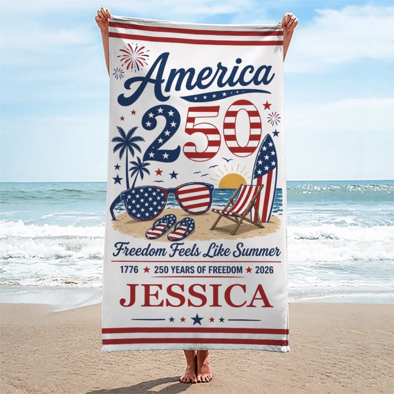 Personalized America 250th Anniversary – Beach Towel – Travel Gifts For Family Members – Born Free, Beach Bound