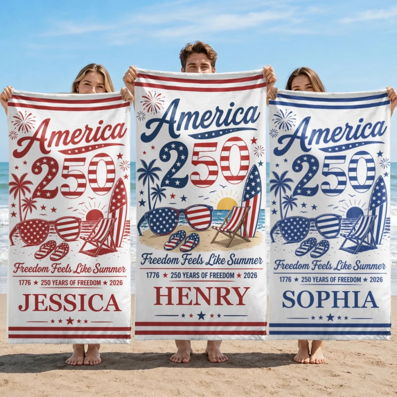 Personalized America 250th Anniversary – Beach Towel – Travel Gifts For Family Members – Born Free, Beach Bound
