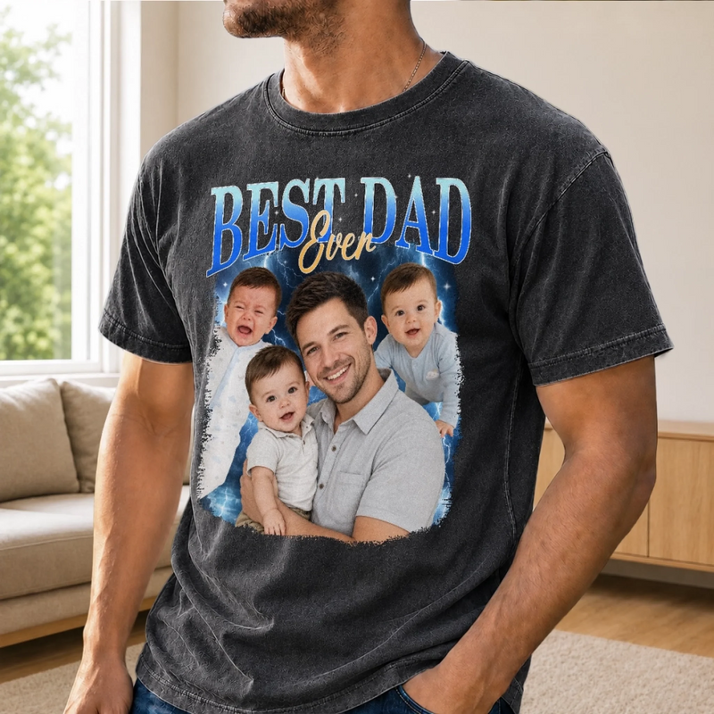 Personalized Photo Washed Cotton T-shirt – Gifts For Dad, Grandpa – Built Tough Loved Hard