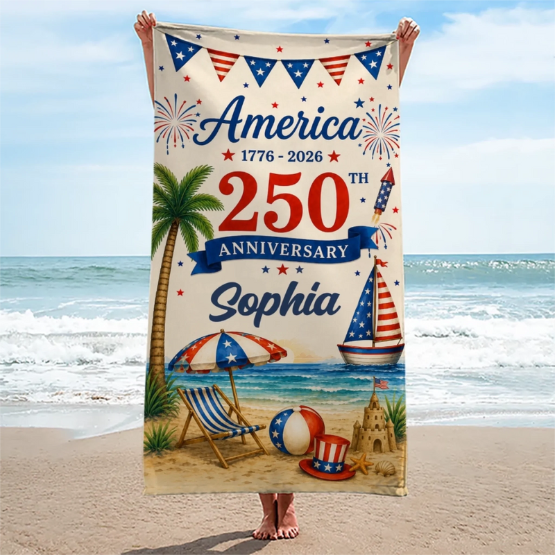 Personalized America 250th Anniversary – Beach Towel – Travel Gifts For Family Members – United By Freedom And Pride