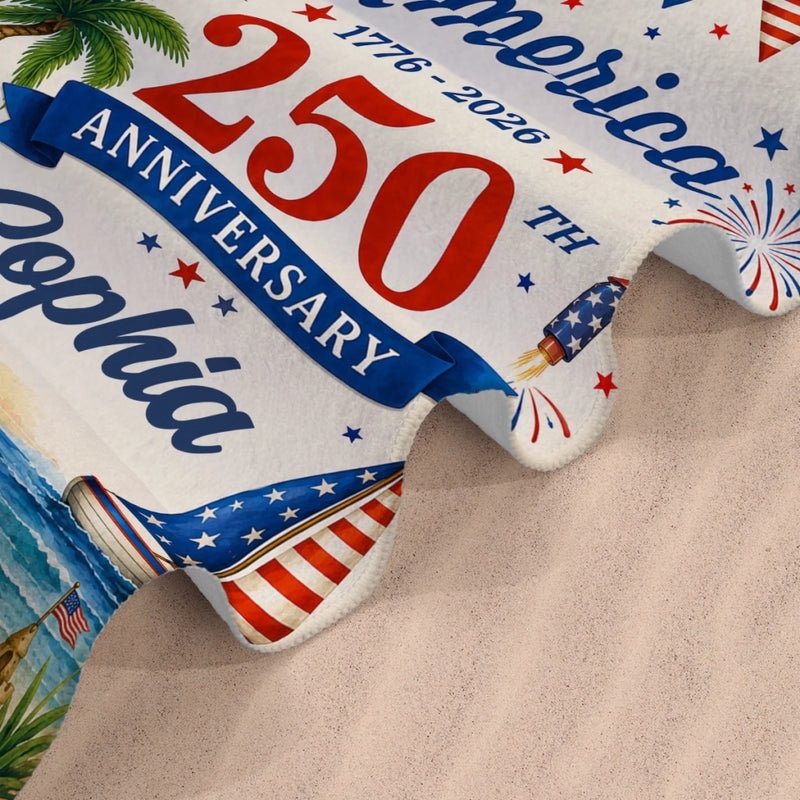 Personalized America 250th Anniversary – Beach Towel – Travel Gifts For Family Members – United By Freedom And Pride