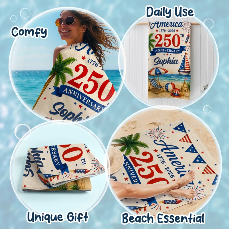 Personalized America 250th Anniversary – Beach Towel – Travel Gifts For Family Members – United By Freedom And Pride