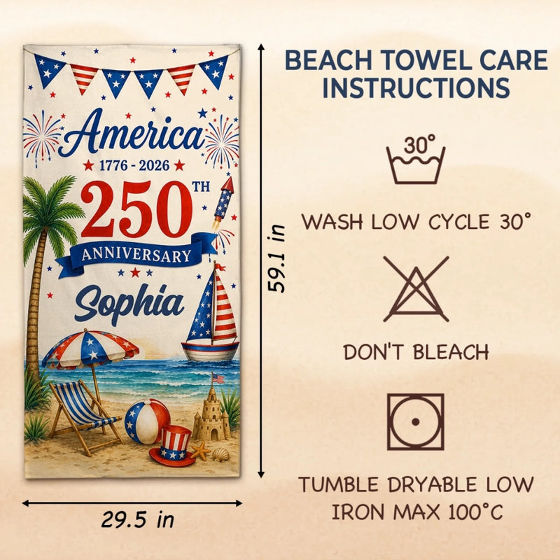 Personalized America 250th Anniversary – Beach Towel – Travel Gifts For Family Members – United By Freedom And Pride