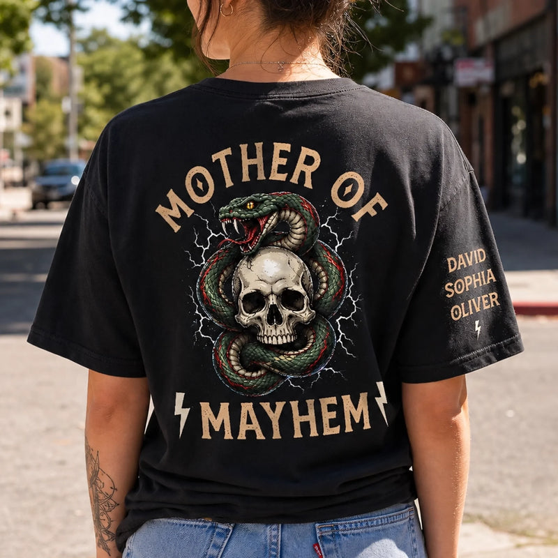 Personalized Father of Mayhem Back Print T-Shirt – Father’s Day Gift For Dad – Raising Tiny Troublemakers