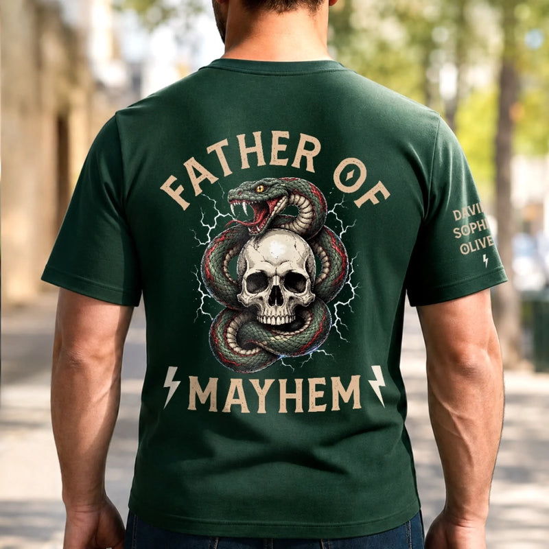 Personalized Father of Mayhem Back Print T-Shirt – Father’s Day Gift For Dad – Raising Tiny Troublemakers