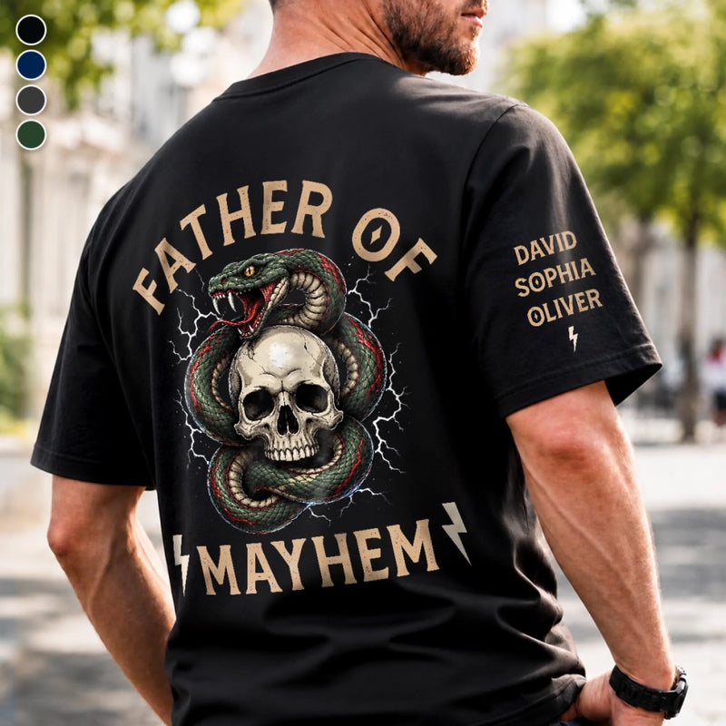 Personalized Father of Mayhem Back Print T-Shirt – Father’s Day Gift For Dad – Raising Tiny Troublemakers