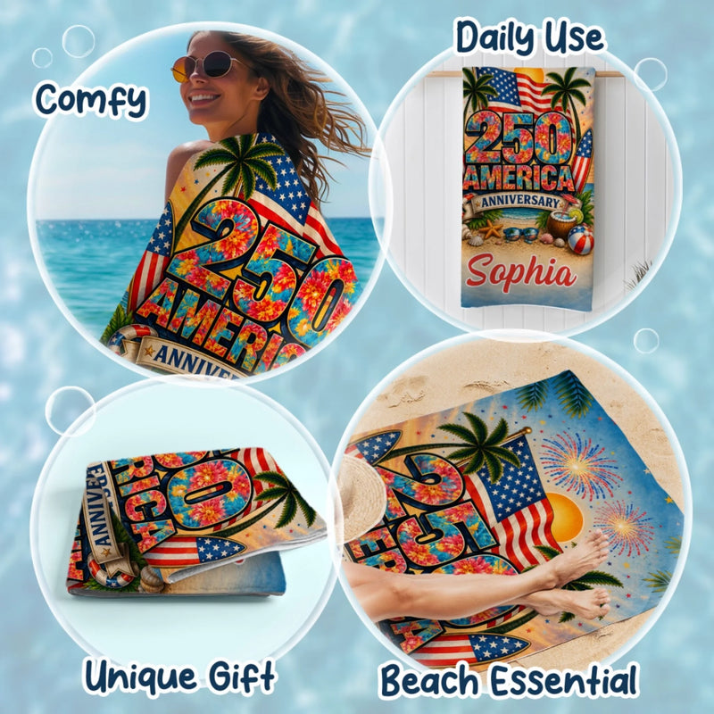 Personalized America 250th Anniversary – Beach Towel – Vacation Gifts For Family – Stars Stripes Freedom Forever