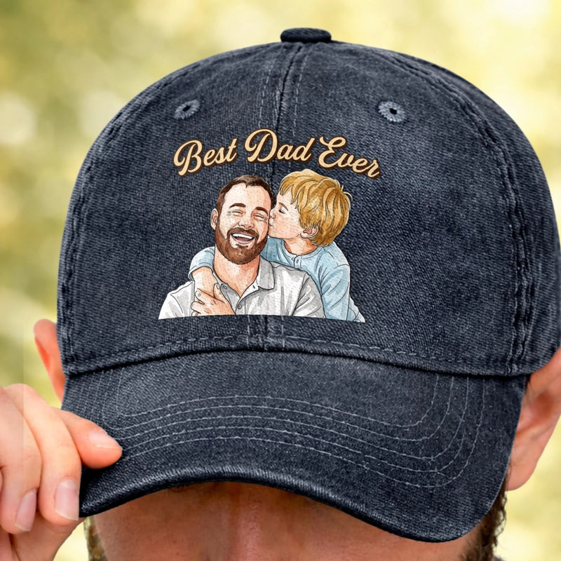 Personalized Photo Washed Cap – Birthday Gifts For Dad, Grandpa – The Best Memories Start With Dad