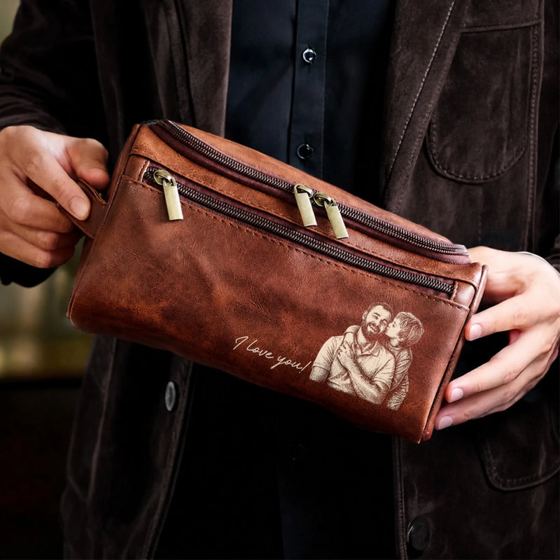 Personalized Photo Leather Toiletry Bag – Gifts For Dad, Grandpa – Dad Makes Every Day Better