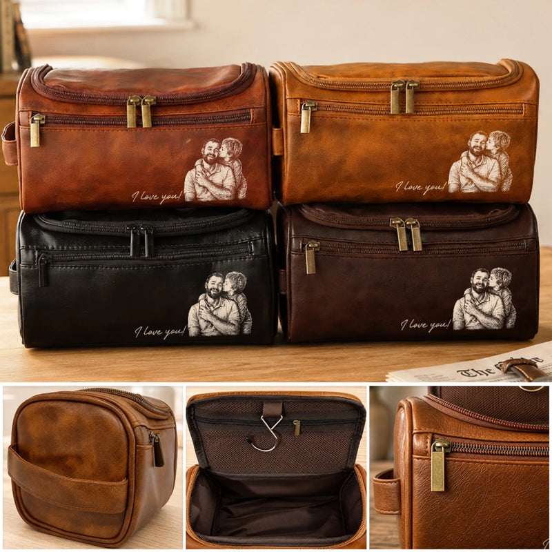 Personalized Photo Leather Toiletry Bag – Gifts For Dad, Grandpa – Dad Makes Every Day Better