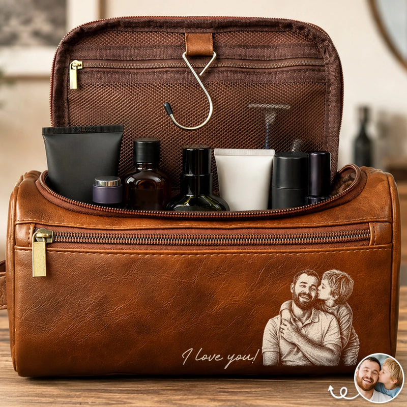 Personalized Photo Leather Toiletry Bag – Gifts For Dad, Grandpa – Dad Makes Every Day Better
