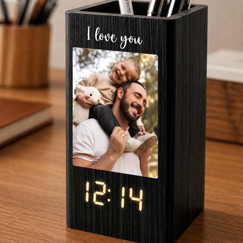 Personalized Photo Pen Holder With Clock – Gifts For Dad, Grandpa – Loved Guided And Inspired By Dad