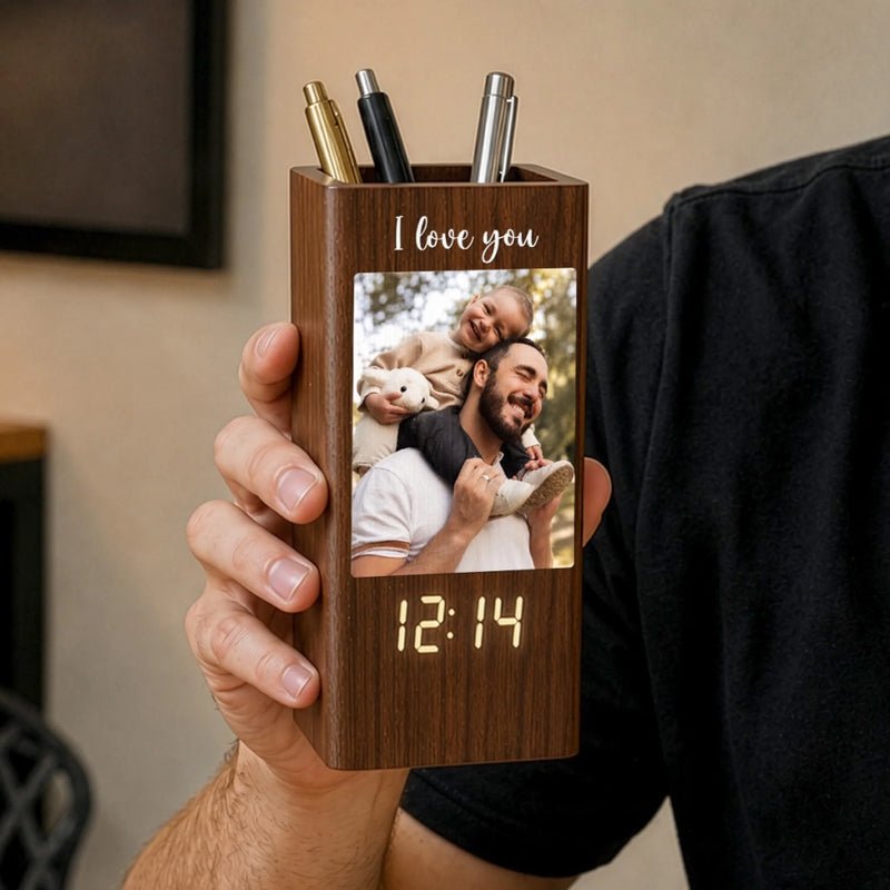 Personalized Photo Pen Holder With Clock – Gifts For Dad, Grandpa – Loved Guided And Inspired By Dad