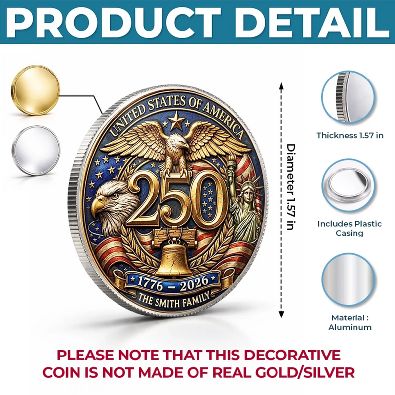 Personalized America 250th Anniversary Commemorative Keepsake Coin – Gifts For Family – United In Freedom And Pride