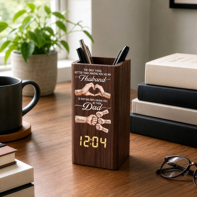 Personalized Pen Holder With Clock – Gifts For Husband – Forever Thankful For Your Love