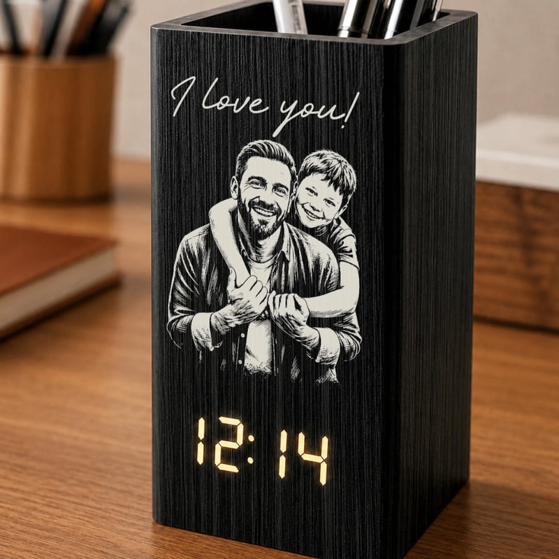 Personalized Photo Pen Holder With Clock – Gifts For Dad, Grandpa – Dad Makes Life Extraordinary