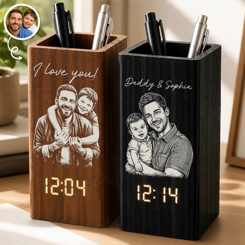 Personalized Photo Pen Holder With Clock – Gifts For Dad, Grandpa – Dad Makes Life Extraordinary
