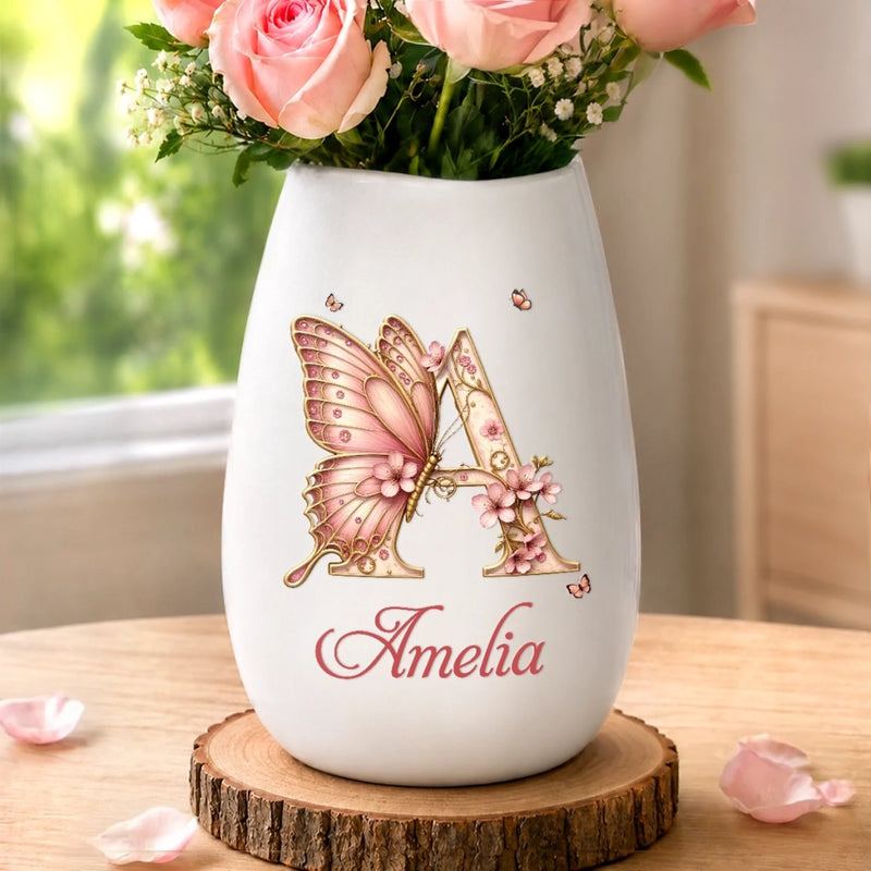 Personalized Oval Ceramic Flower Vase – Birthday Gifts For Women, Besties, Sisters, BFF – Butterflies Bloom Beautifully Daily