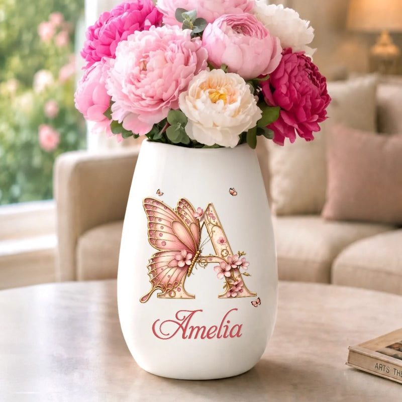 Personalized Oval Ceramic Flower Vase – Birthday Gifts For Women, Besties, Sisters, BFF – Butterflies Bloom Beautifully Daily
