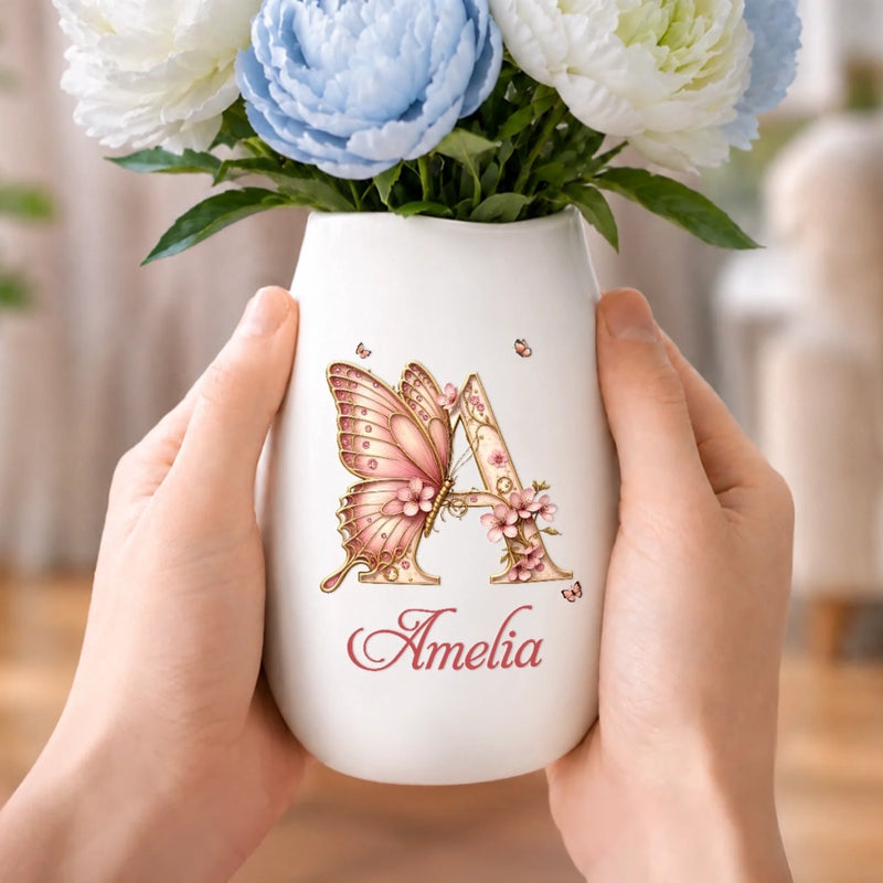 Personalized Oval Ceramic Flower Vase – Birthday Gifts For Women, Besties, Sisters, BFF – Butterflies Bloom Beautifully Daily